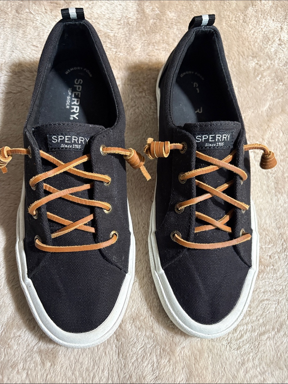 Sperry Black Canvas Boat Slip On Sneakers with Tan Laces Size 9